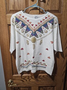 Vintage Embroidered Boho White Tee with Pink & Blue Accents